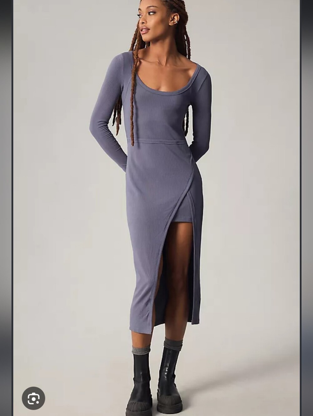 daily Practice Anthropologie Long Sleeve Scoop Neck Midi Dress in Slate Blue
